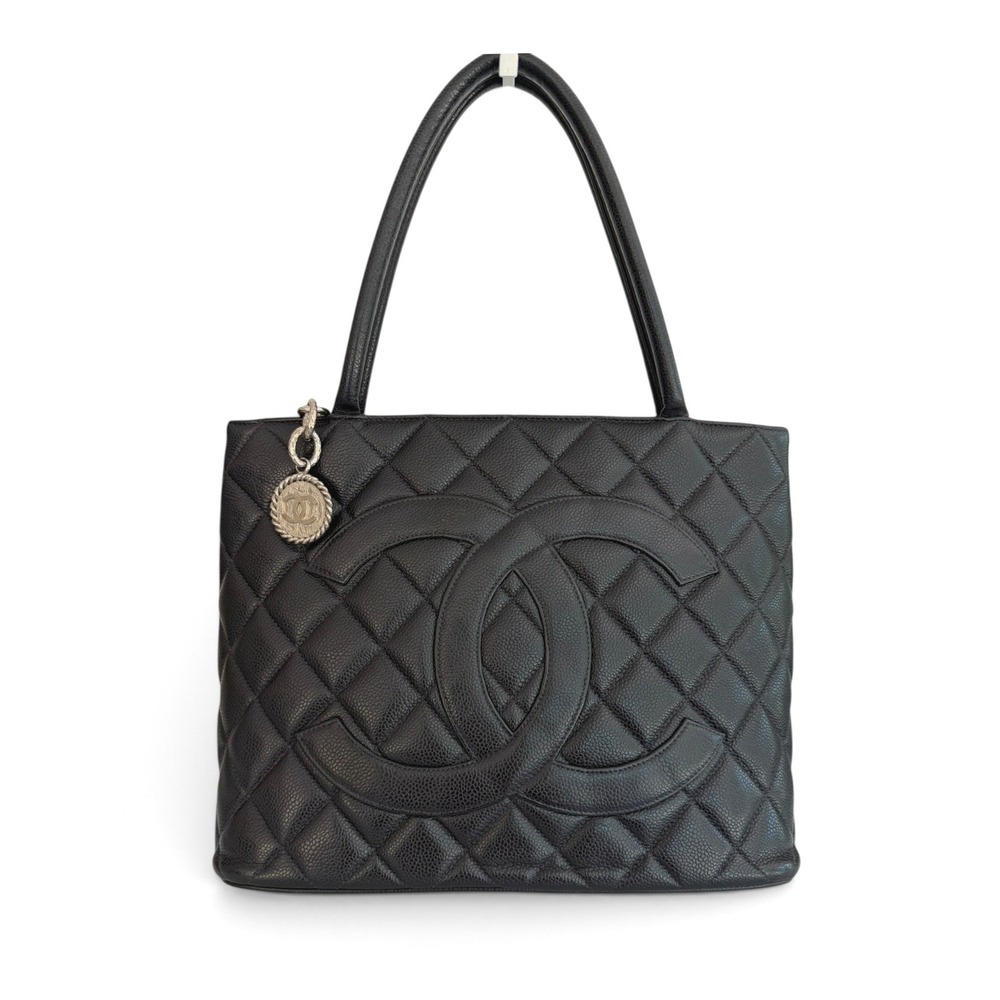 Vintage Chanel Caviar Quilted CC Tote Black Leather Shoulder Bag Medallion Charm